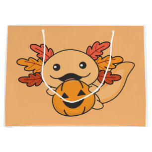 Grand Sac Cadeau Automne Axolotl avec automne Feuilles Citrouille a