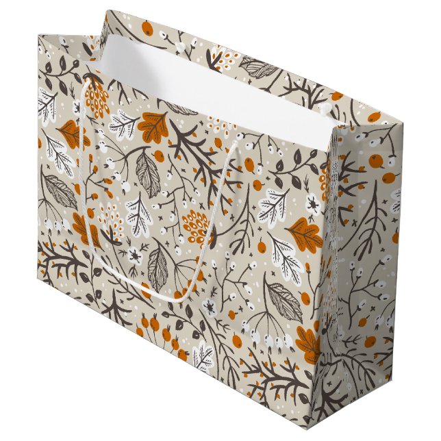 Grand Sac Cadeau Automne Berries Feuilles et Branches Motif (Devant Angle)