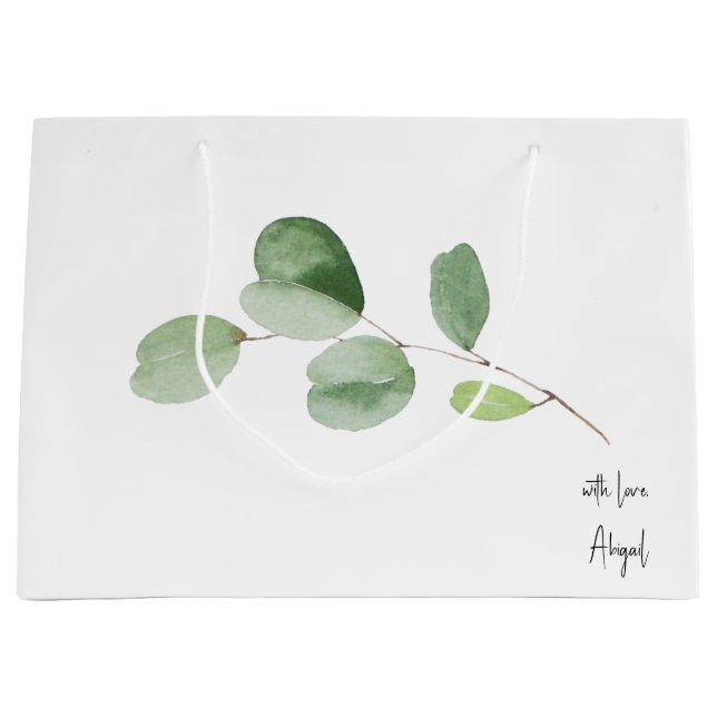 Grand Sac Cadeau Avec Amour, Nom Personnalisé Eucalyptus Blanc (Devant)