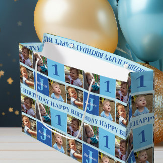 Grand Sac Cadeau Baby Boy First Birthday Cute Blue Photo Collage