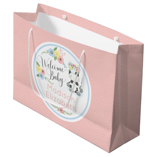 Grand Sac Cadeau Baby Cow Floral Calf Welcome Baby Custom (Devant Angle)