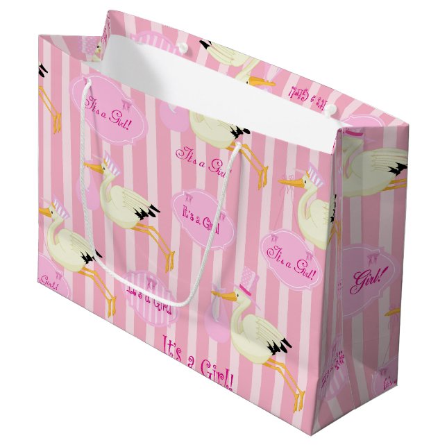 Grand Sac Cadeau Baby girl stork Pink Stripes (Devant Angle)
