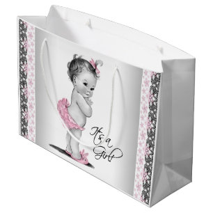 Grand Sac Cadeau Baby Girl Vintage Rose Noir Broderie Baby Shower