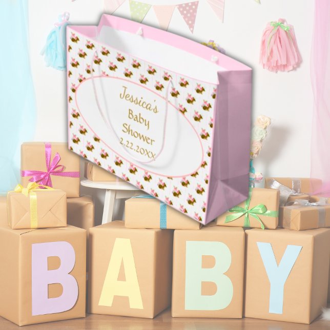 Grand Sac Cadeau Baby shower Aquarelle Florale Bois (Personalized Baby Shower Floral Woodland Gift Bags)