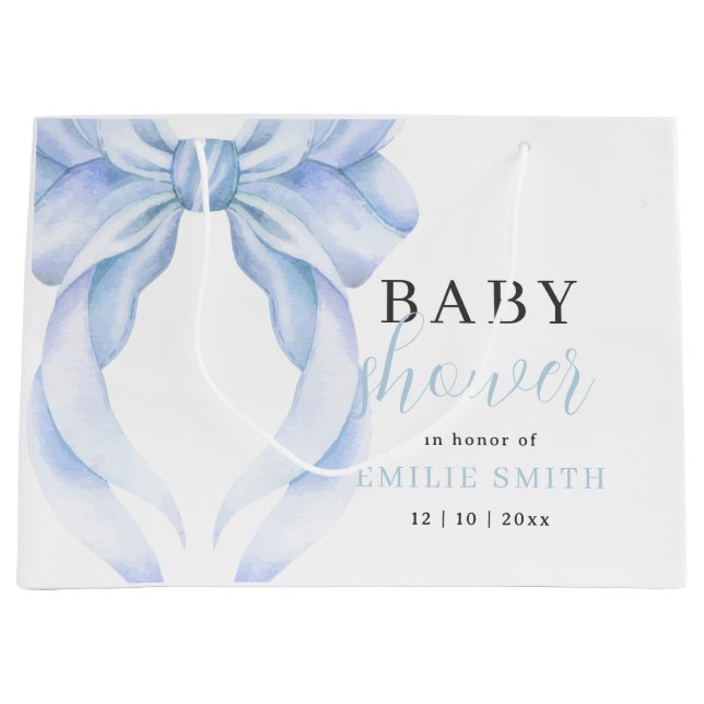 Grand Sac Cadeau Baby shower Bleu Bow Invitation, Coquette Bleue (Devant)