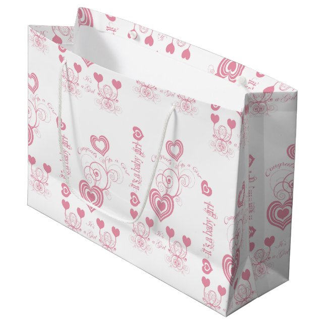 Grand Sac Cadeau Baby shower Coeurs roses (Devant Angle)
