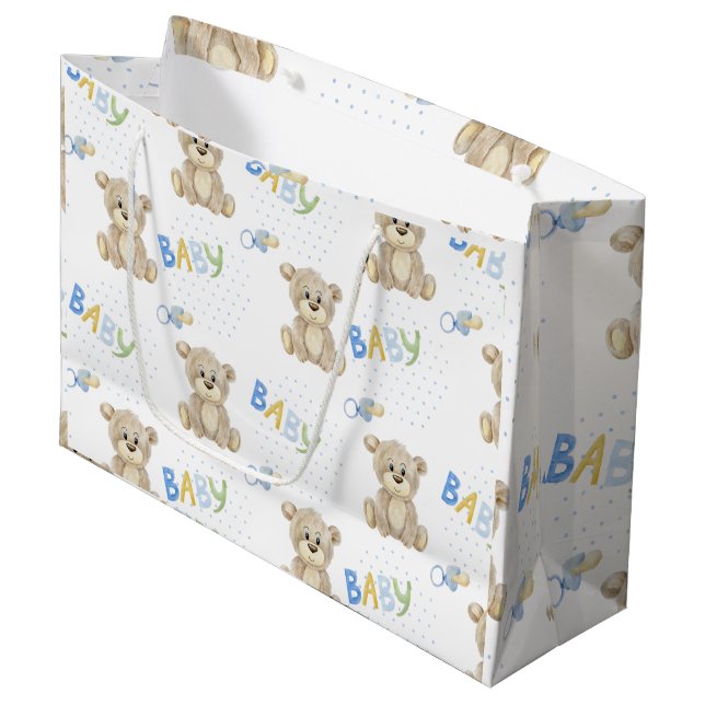 Grand Sac Cadeau Baby shower d'aquarelle Blue Baby Boy Teddy Bear (Devant Angle)