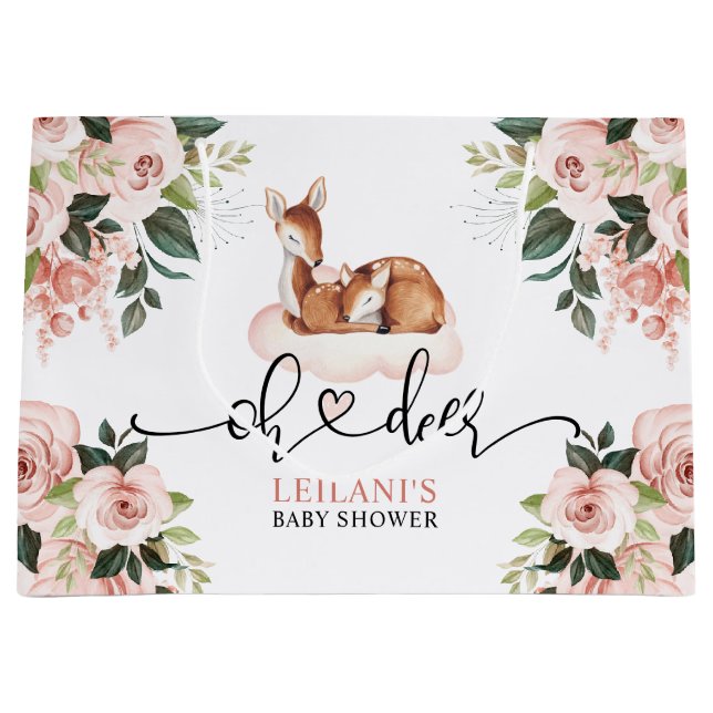 Grand Sac Cadeau Baby shower d'aquarelle rose Floral Oh Deer (Devant)