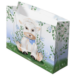 Grand Sac Cadeau Baby shower de garçon de fleurs bleu d'agneau