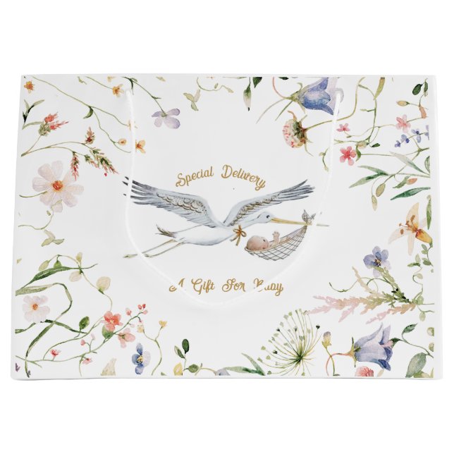 Grand Sac Cadeau Baby shower de ruban Fleur sauvage Stork (Devant)