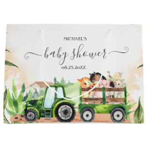 Grand Sac Cadeau Baby shower de tracteur pour animaux de ferme aqua