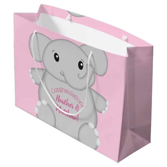 Grand Sac Cadeau Baby shower d'éléphant rose (Dos Angle)