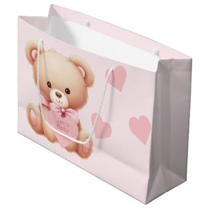 Grand Sac Cadeau Baby shower des Coeurs Rose Ours