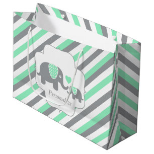 Grand Sac Cadeau Baby shower des éléphants blancs, verts et gris