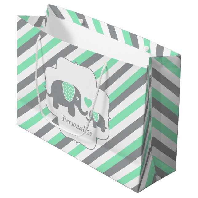Grand Sac Cadeau Baby shower des éléphants blancs, verts et gris (Devant Angle)
