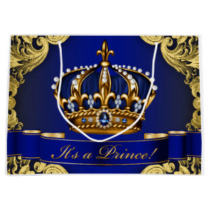 Grand Sac Cadeau Baby-Shower Élégant Royal Bleu et Or pour Prince