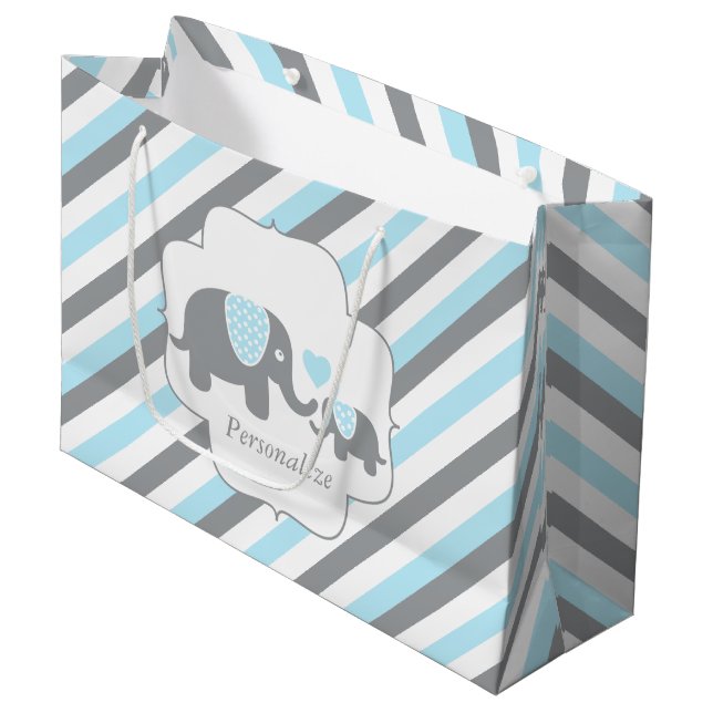 Grand Sac Cadeau Baby shower Eléphants blanc, bleu et gris (Devant Angle)