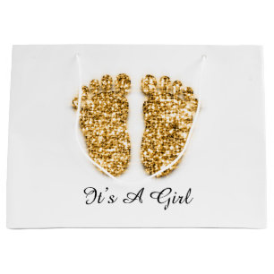 Grand Sac Cadeau Baby shower Feet C’est une fille en or Blanc