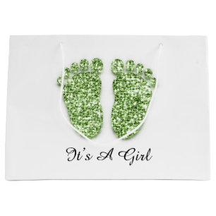 Grand Sac Cadeau Baby shower Feet C'est une fille verte blanche bla