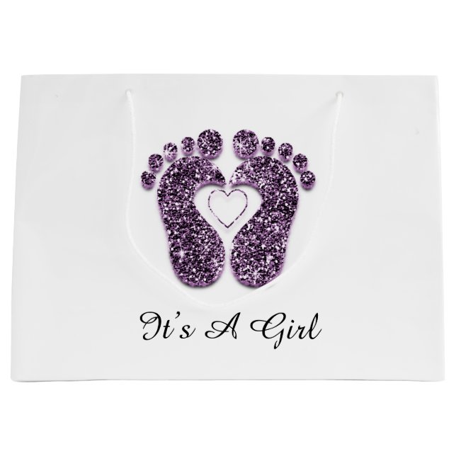 Grand Sac Cadeau Baby shower Feet It’s A Boy Girl Viole Heart White (Devant)
