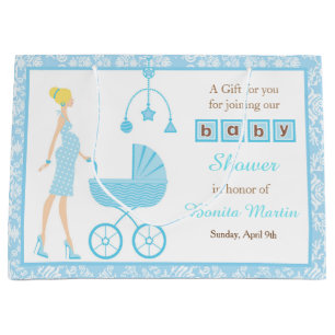 Grand Sac Cadeau Baby shower femme bleu Damask Blonde