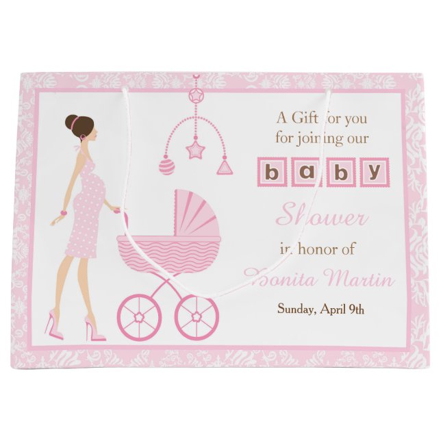 Grand Sac Cadeau Baby shower femme femme rose Damask Brunette (Devant)