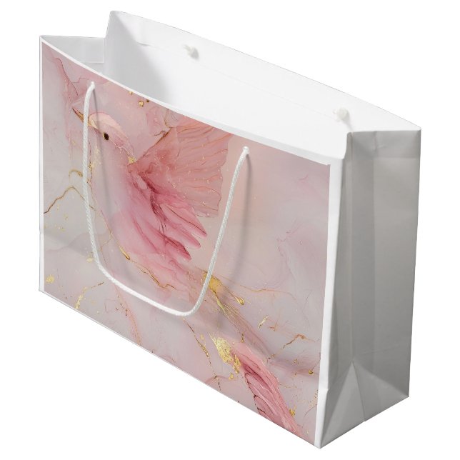 Grand Sac Cadeau Baby Shower Fête de Naissance Oiseaux Rose Blush O (Devant Angle)