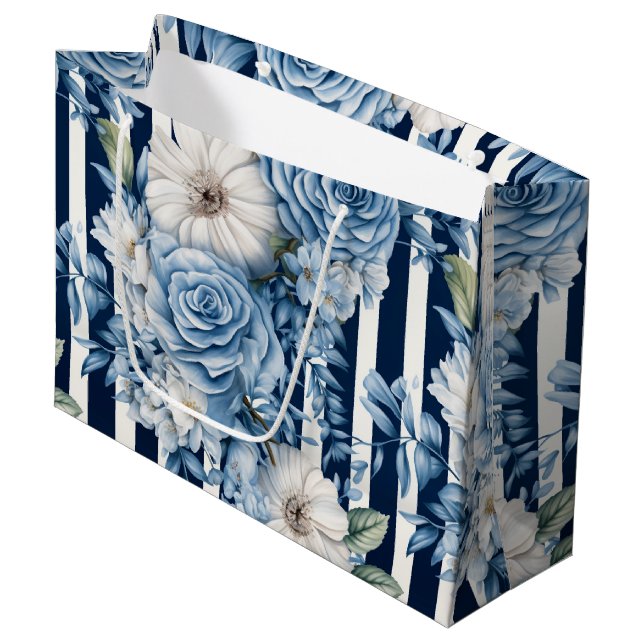 Grand Sac Cadeau Baby Shower Fleurs et Rayures Bleu Marine (Devant Angle)