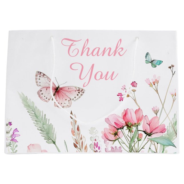 Grand Sac Cadeau Baby shower floral papillon rose printanier (Devant)