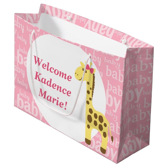 Grand Sac Cadeau Baby Shower Girafe avec Nœud Rose pour Fille (Devant Angle)