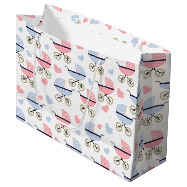 Grand Sac Cadeau Baby shower Motif Pink and Blue Pram (Devant Angle)