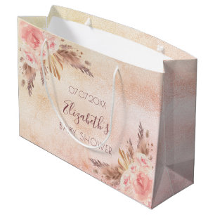 Grand Sac Cadeau Baby shower pampas herbe rose or rose rose fleuri
