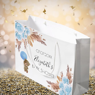 Grand Sac Cadeau Baby shower peluche fleurie pampas herbe bleu garç