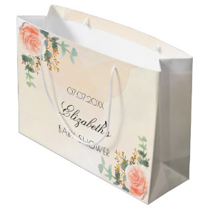 Grand Sac Cadeau Baby shower rose or fleuri eucalyptus