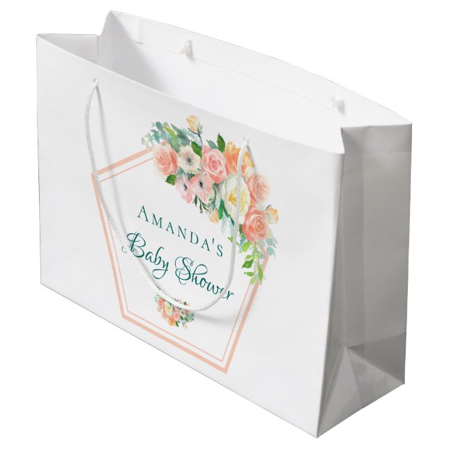 Grand Sac Cadeau Baby shower rose vif, cuivre floral géométrique (Dos Angle)