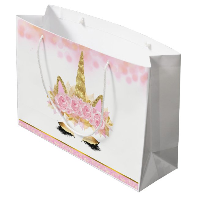 Grand Sac Cadeau Baby shower Unicorne d'or rose (Dos Angle)