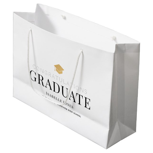 Grand Sac Cadeau Bac d'or Graduation blanc (Devant Angle)