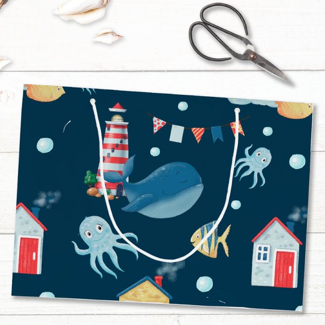 Grand Sac Cadeau Baleine Bleu Marine (Whimsical Nautical Gift Bag)