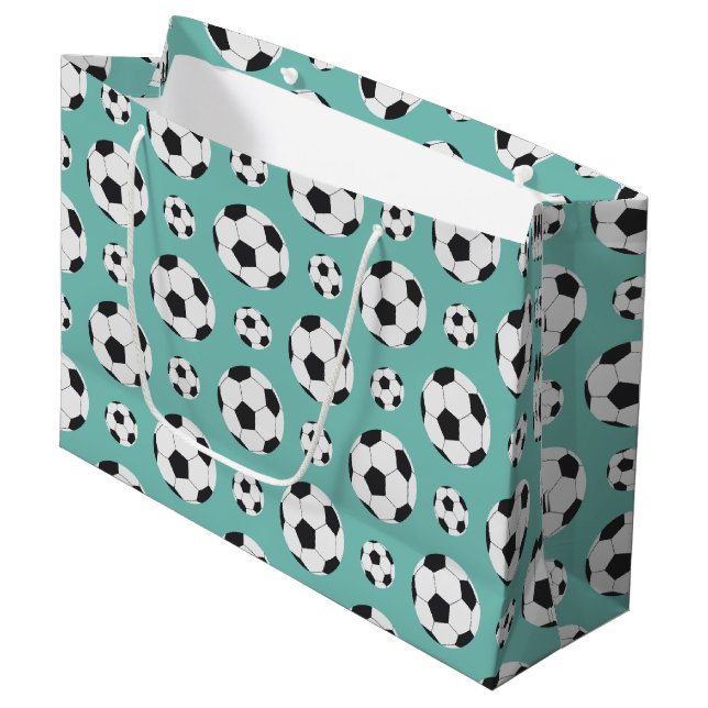 Grand Sac Cadeau Balle de football turquoise Motif Vert Bleu Sport  (Devant Angle)