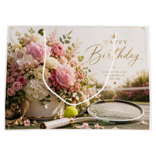 Grand Sac Cadeau Balle de tennis avec beaucoup de fleurs pour anniv