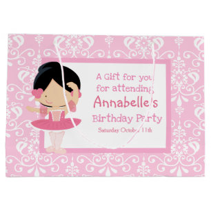 Grand Sac Cadeau Ballerine aux cheveux noirs et Merci Damas rose