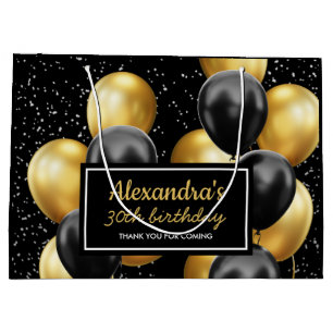 Grand Sac Cadeau Ballon Anniversaire Noir Or Élégant