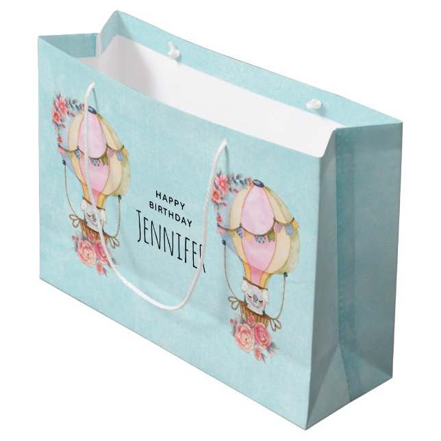 Grand Sac Cadeau Ballons à air chaud mignon avec Aquarelle d'ours A (Devant Angle)