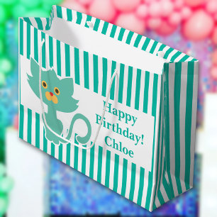 Grand Sac Cadeau Bande Aqua-Blanc ・ Chat ・ Personnalisé