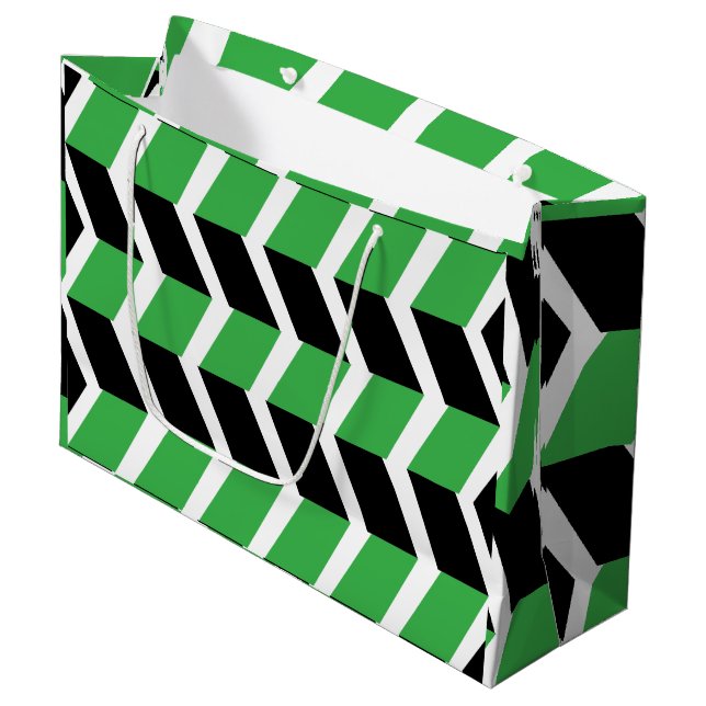 Grand Sac Cadeau Bande de Chevron Vert Noir (Devant Angle)
