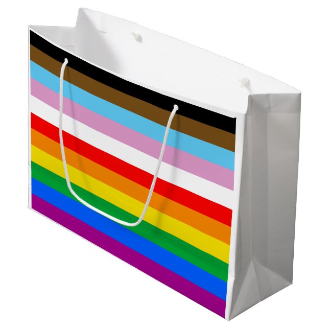 Grand Sac Cadeau Bandes du drapeau de progrès LGBTQ+ (Devant Angle)