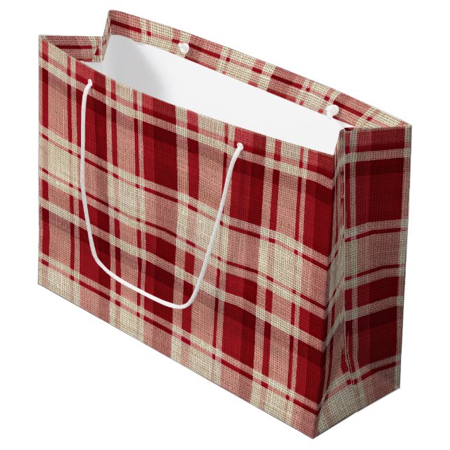Grand Sac Cadeau Bandes Plaid Crème Rouge (Devant Angle)