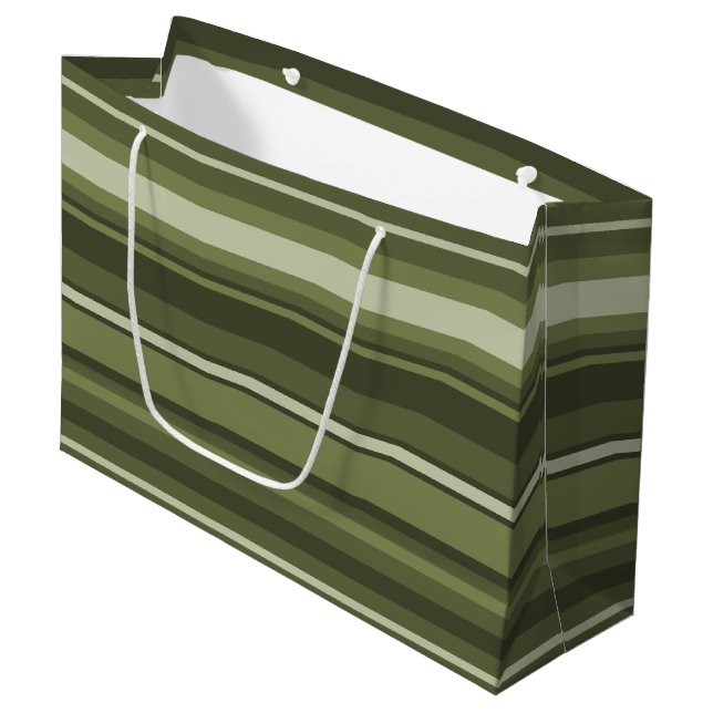Grand Sac Cadeau Bandes vert olive (Devant Angle)
