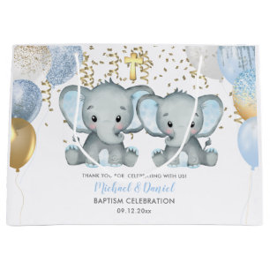Grand Sac Cadeau Baptême Baptême Bleu Bélier Les Garçons Eléphants