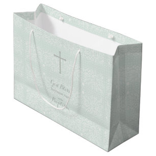Grand Sac Cadeau Baptême Bleu Opale Délicat Dentelle Florale